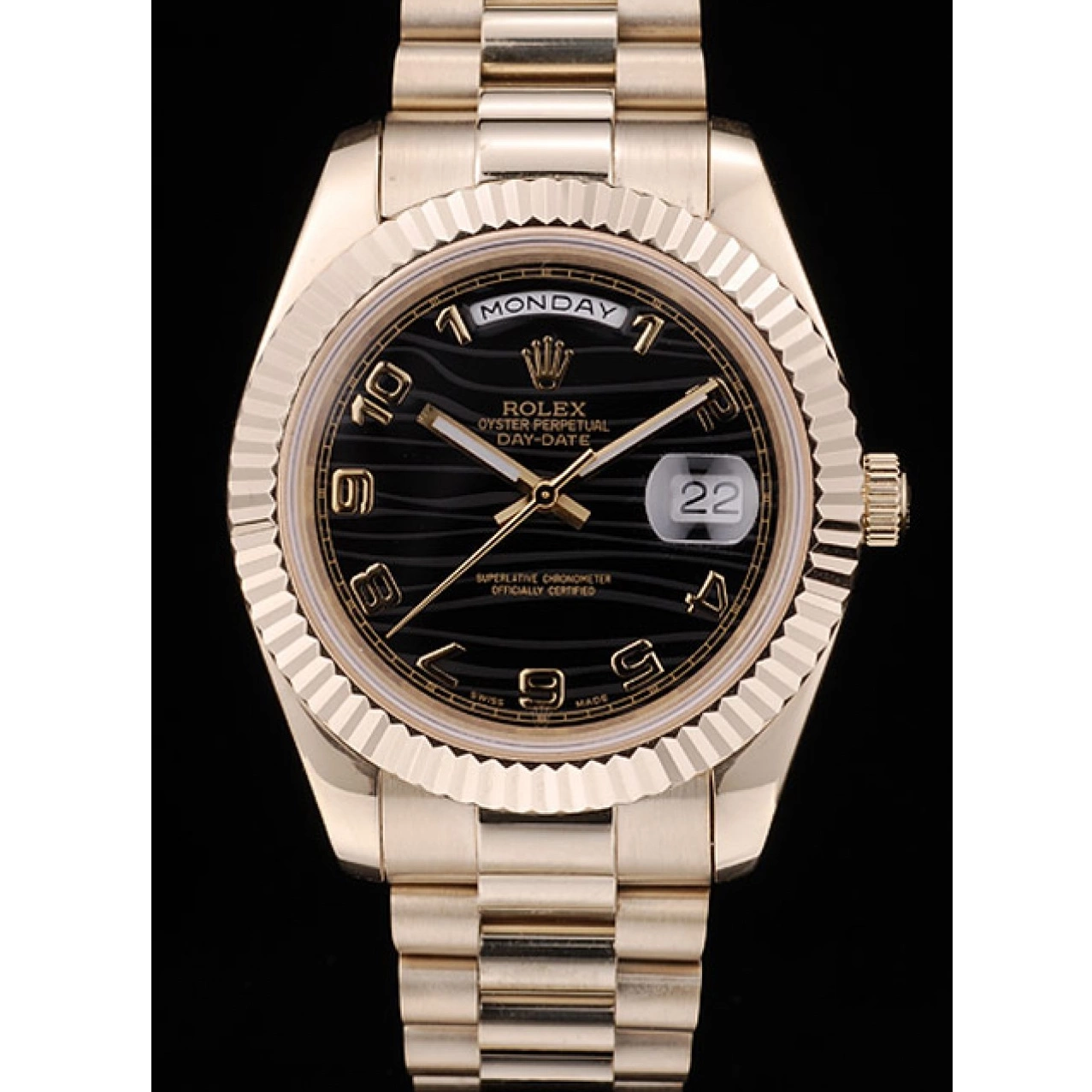 AAA Replica Watches Strap Stainless Steel Dial Black DayDate Patterned Gold Rolex 41980 0630